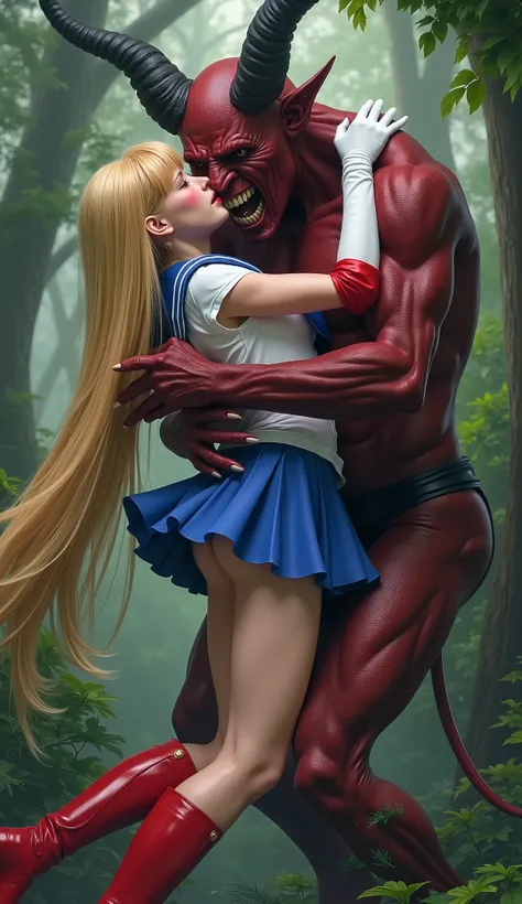 Hyperrealism, masterpiece, highest quality, A young Japanese woman is hugged from front by a devil, she push his chest out, ((she is crying and screaming in pain)), tears from her eyes, painful face, she is wearing a Sailor Moon costume, Blue sailor collar...