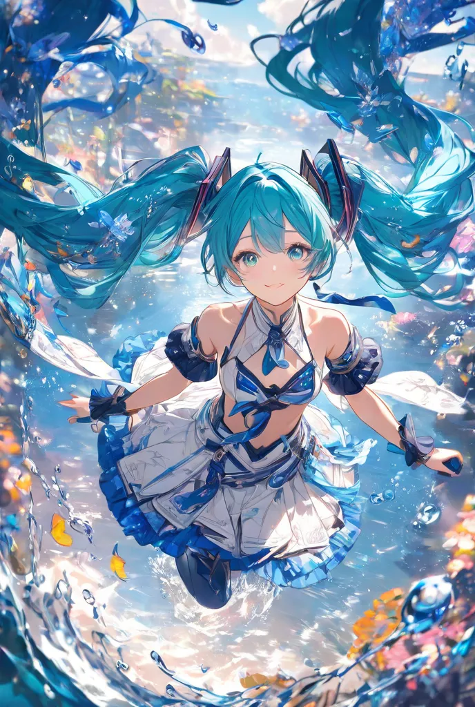 Hatsune Miku submerged in water, diving towards the camera, wearing a bikini and white skirt with blue details, theme super detailed,  fantasy 