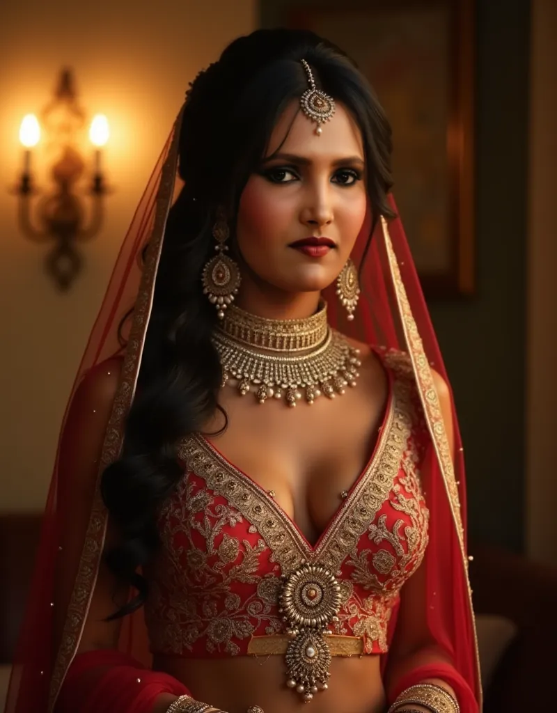 A BEAUTIFUL INDIAN WOMAN AGED 34, BREST SIZE 38D, WEARING BRIDAL DRESS FOR PHOTOSHOOT INDOOR, HER LIPS SHINE IN LIGHTS, HER CLEAVAGE LOOKS JUICY, ATTRECTIVE MIDRIFF AND NAVEL, SHE LOOKS STUNNING IN BRIDAL DRESS, FULL BODY VIEW (HEAD TO TOE), WEARING A BRID...