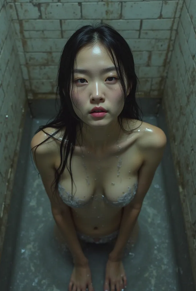 Prompt: 
"Photorealistic top-down view from the perspective of a showerhead, as if the camera is positioned perfectly vertically above the subject. A young Asian woman with fair skin, striking violet lips, and long, silky black hair is topless. Her bare ch...