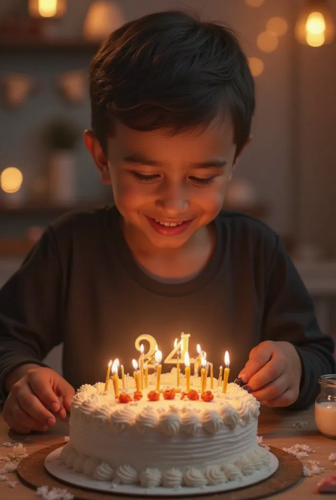 Creat a 3d image in which a young age boy cutting a cake wearing black color shirt with name Anjum is written clearly on cake and 24 year candle burning on cake image features with birthday decorated view realistic image background decorated with birthday ...