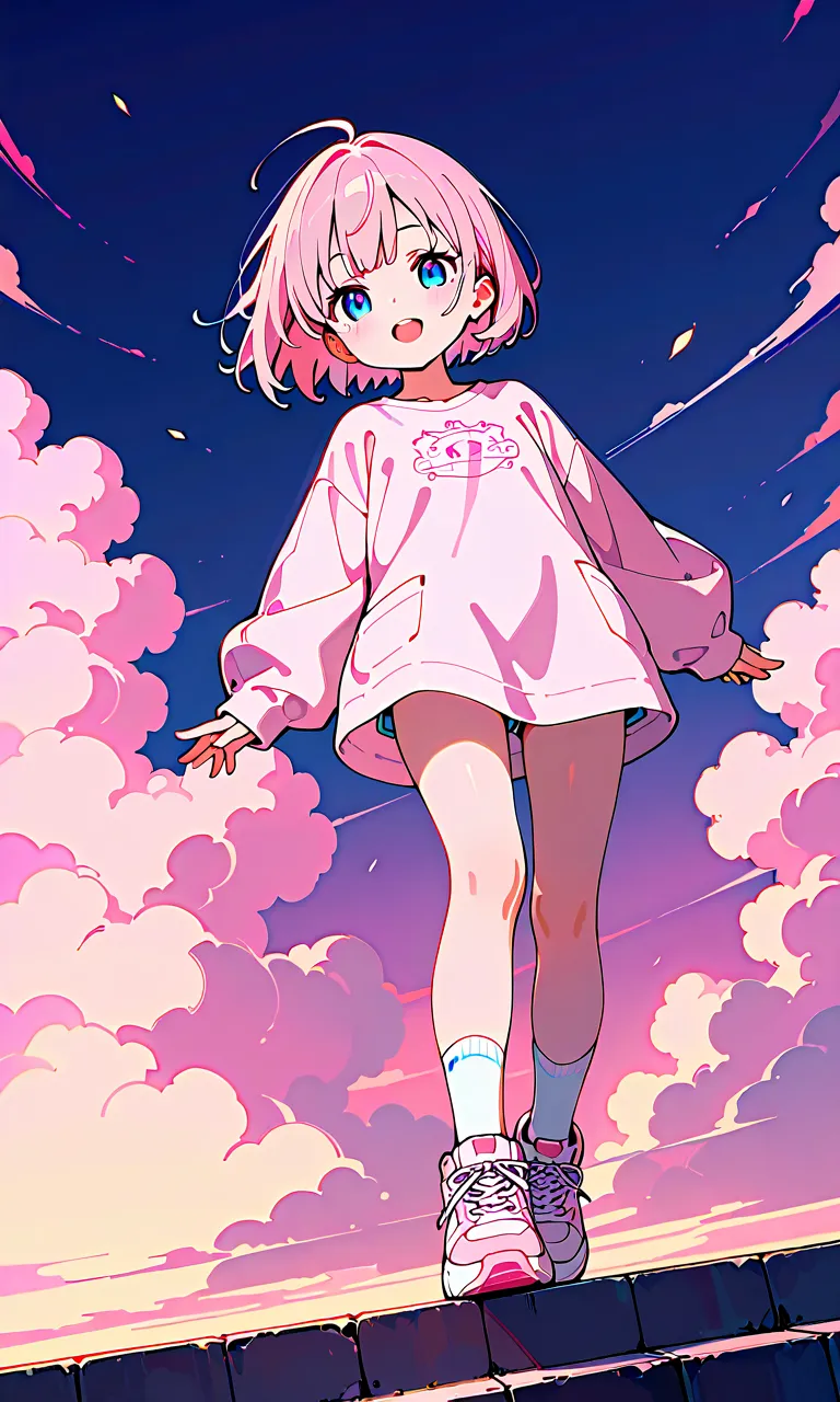 Cute girl, sneakers, socks, full body, dynamic angle, clear, anime style illustration, cute illustration, beautiful details, delicate touch outline, beautiful details, perfect details, front teeth, short bob, light pink hair