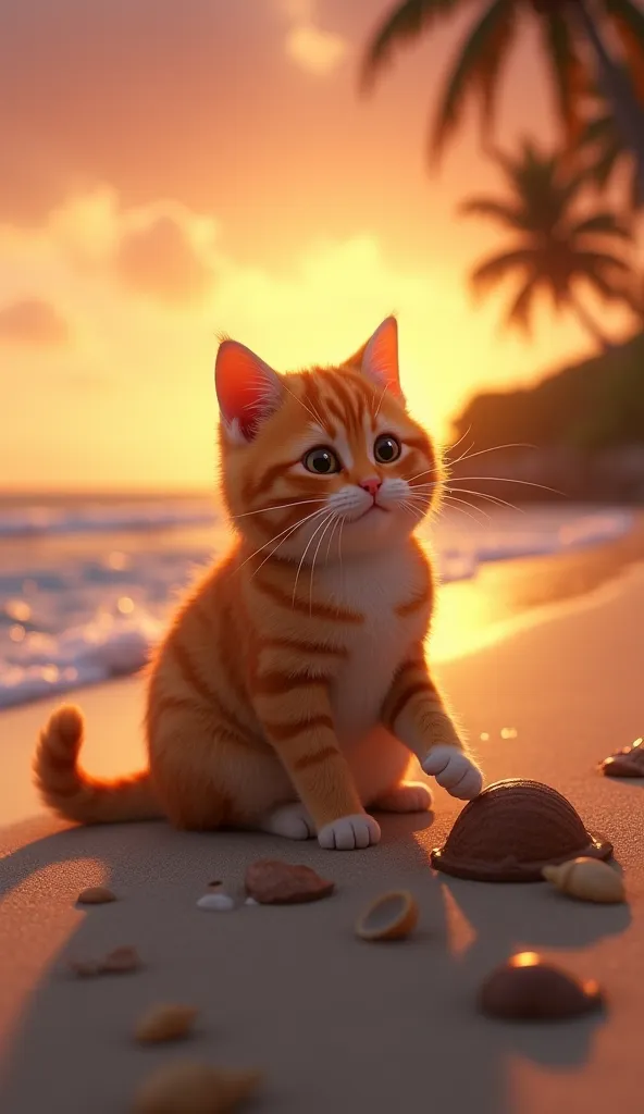 "A realistic animation of a beach at sunset. The warm colors of the setting sun paint the sky, while gentle waves roll onto the shore. Boby, the plump golden-orange tabby cat, sits on the sand, surrounded by seashells. He playfully paws at a shell, making ...