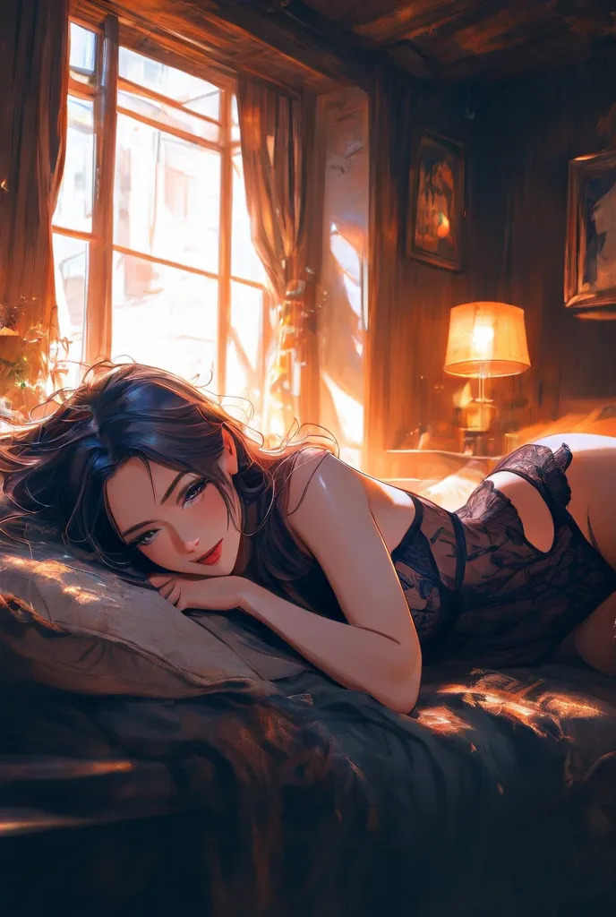 A woman with her hair and bangs lying down, using black lace lingerie, Fair skin, expression Naughty, A cozy room, soft lighting, photographic effect, theme super detailed, cold colors