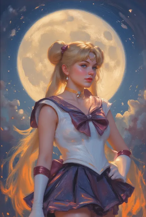 Impressionist_Style, An impressionistic oil painting of a beautiful 20-year-old girl with fair skin and very long straight blonde hair styled in twin tails with double bun. She is wearing a Sailor Moon costume and striking a pose. The background features a...