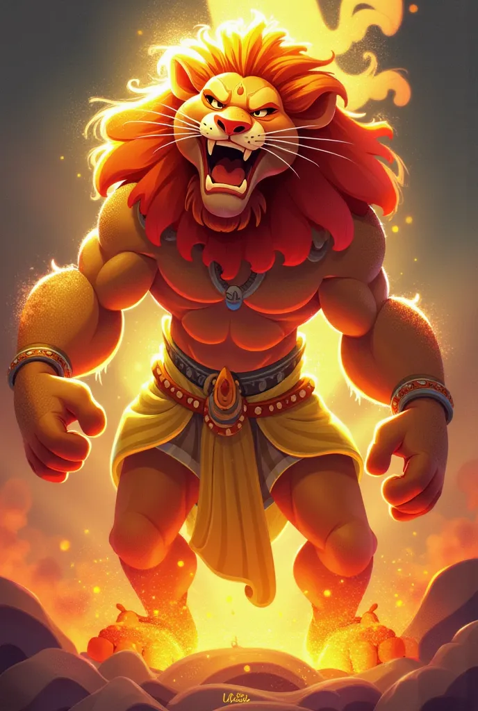 "Create a 2D digital illustration of the Hindu god Narasimha, depicted in a fierce pose, roaring while looking towards the camera. Portray him as a powerful figure, embodying both lion and human characteristics. Emphasize his tall, muscular physique and de...