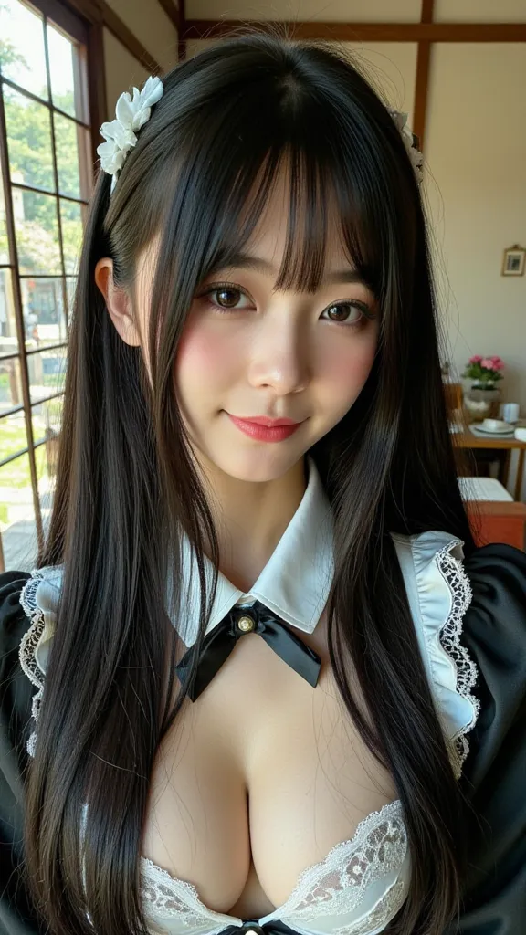 sexy Japanese maid、Outstanding Style,enchanting smile,straight long hair that completely conceals skin