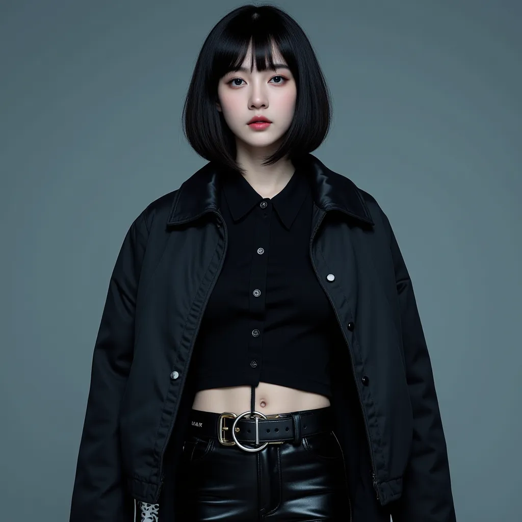 {No extreme exposure}、 upper body picture、、Sexy Poses for Boys、bob hair、Girl with lots of bangs、 black hair、 a slender and delicate figure、big eyes and transparent white skin。has a dark and mysterious vibe、wears punk fashion。Clothes based on black or blue、...