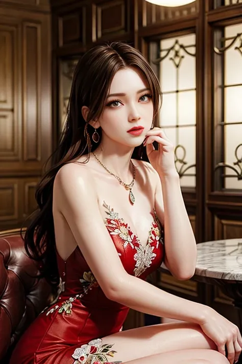 A beautiful woman wearing a red and white dress with floral embroidery, modern and stylish design, sitting at a marble table in a modern indoor environment with a round light fixture in the background, long wavy hair, elegant makeup, wearing long earrings ...