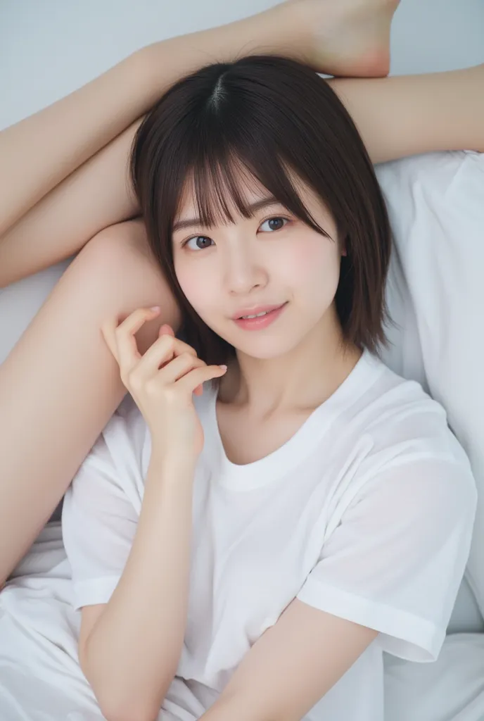  young Japanese woman, realistic, photo-realistic, masterpiece, best quality, complex details, in white for summer very detailed, sharp concentration, professional lighting, (Bust,  front view, from above:1.2), Alone, 1 girl, (bed with legs, On the back,  ...