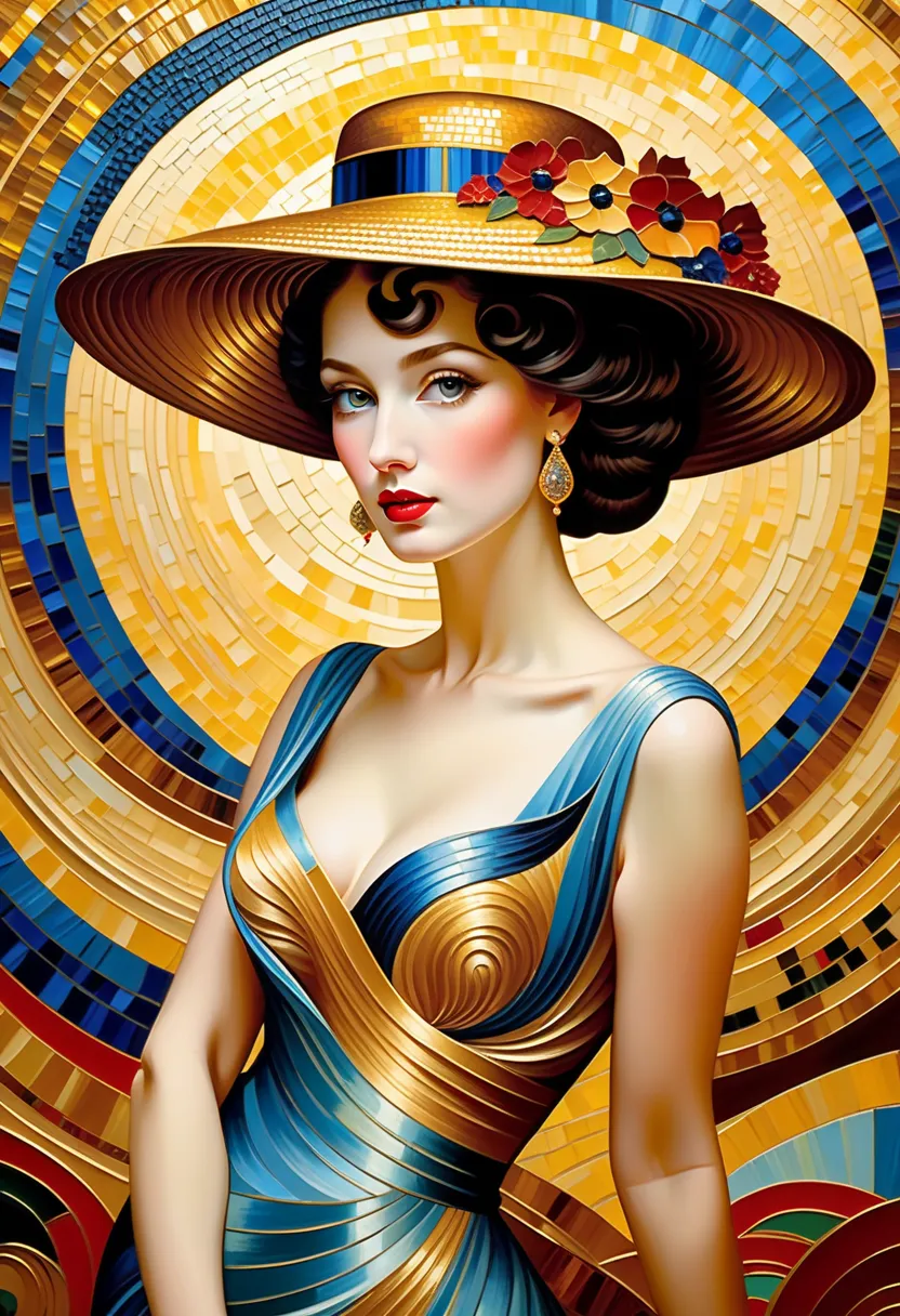 Fine Art, Oil painting, thick brushstokes, an elegant lady lost in her dreams, inspired by [Gustav Klimt | Vincent van Gogh | Pablo Picasso | Gil Elvgren], hat, captivating mosaic wall, swirls, Triadic colors, Art Nouveau, Byzantine Mosaics, gold accents, ...