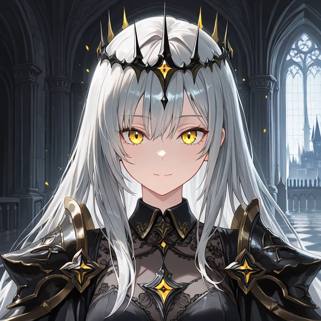 (masterpiece:1.2, Best Quality), (finely detailed beautiful eye: 1.2), (beautiful detailed face), solo, long gray hair, yellow eyes, black translucent crown, collared black dress, shoulder armor, stoic, shadowy aura, castle interior, 