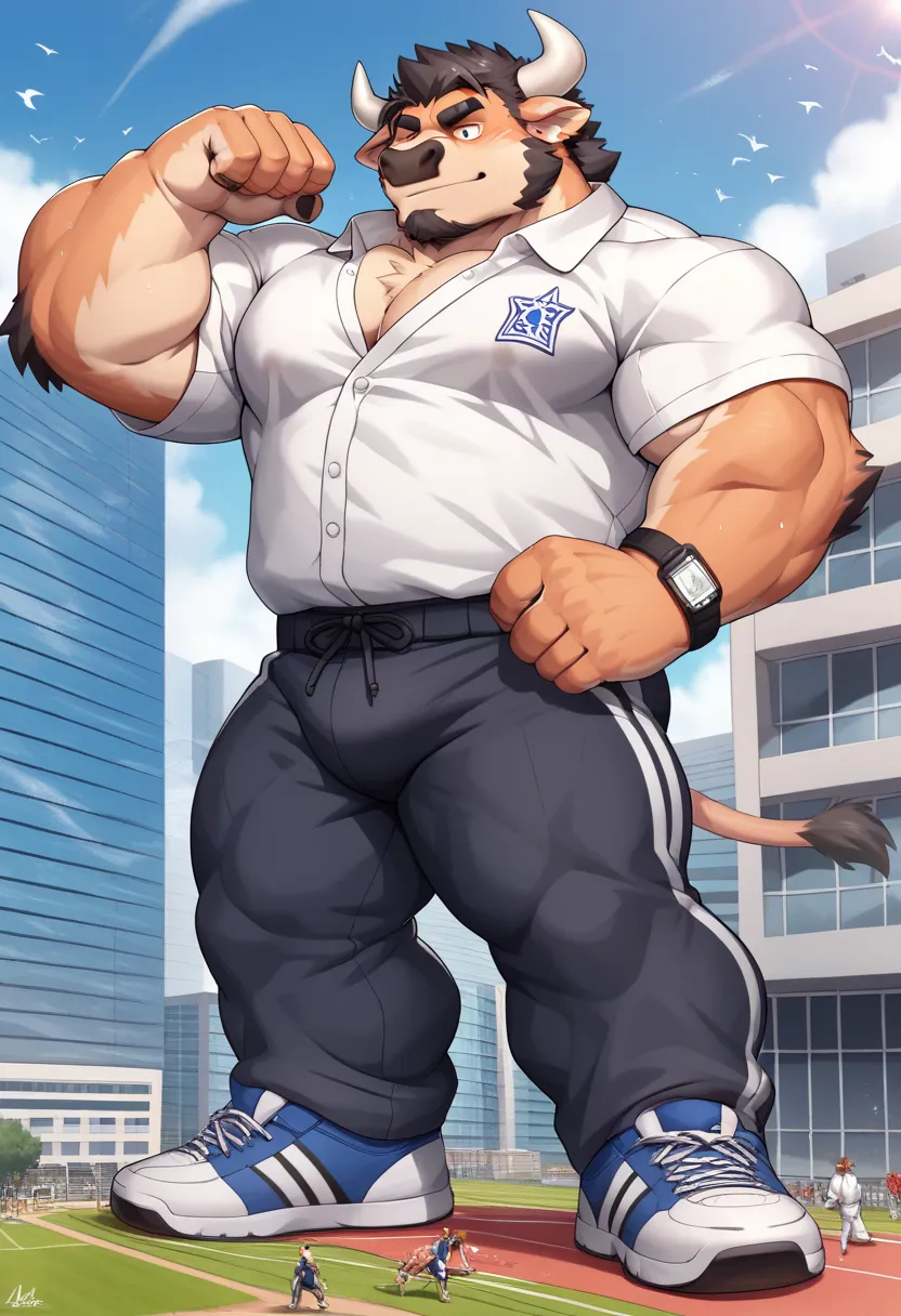 Scribble bull Bovine face,furry(bull Bovine), muscular, big strong muscle,( black eyebrows :1.1),(perfect eyes), fur，hair，white horns, alone,（artist:takemoto arashi),（jock:1.3）， standing, Sneakers，（ Black beard :1.3），（karate clothes :1.3) Bull Bovine (Mass...