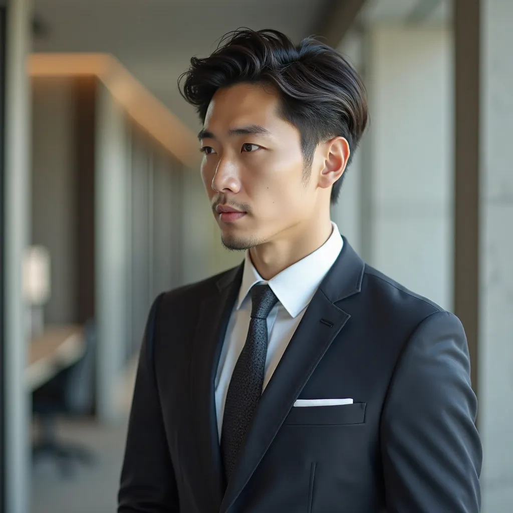 Create an AI image of a handsome guy who looks like he works at Sumitomo Mitsui Bank. Korea