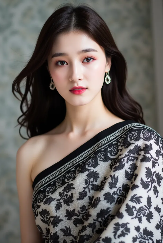 Beautiful Korean girl wearing  a indian traditional black and white combination saree