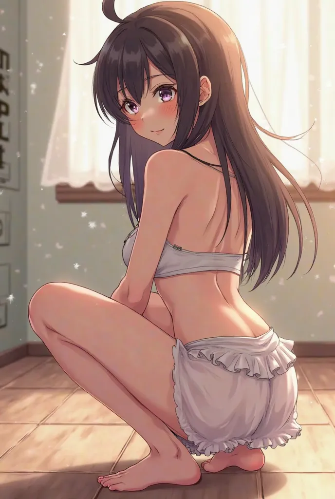 Make anime girl squat showing her panties with skirt on big boibs