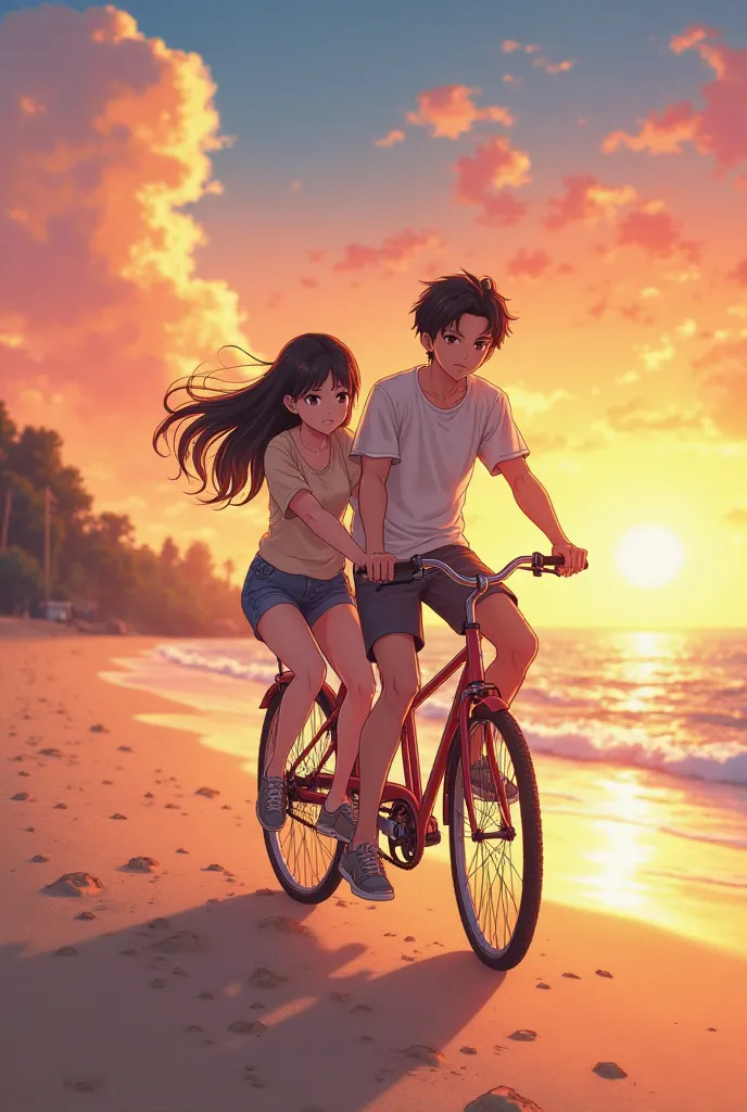 22 years cartoon anime couples cycling on the beach,and girl is sitting between handle and boy ,and sun set time
