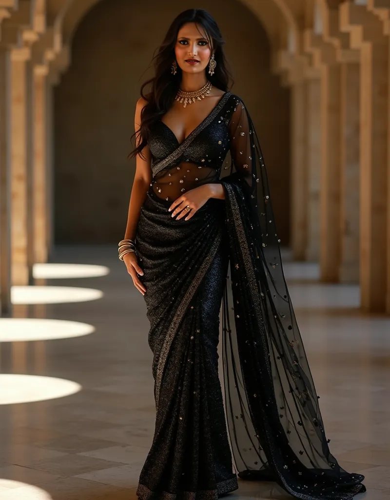  Generate a hyper-realistic full-body image of a beautiful Indian woman with a slim physique, featuring a breast size of 38D.She is wearing a stunning black sequin saree that sparkles under the light, enhancing her attractiveness.Ensure the saree drapes el...