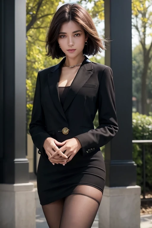 Shiny brown hair, short hair, (Beautiful brown eyes、Sparkling eyes, Fine grain)、smile、Ultra-detailed eyes、Highly detailed face, Highly detailed eyes,

 , OL,, open front black suit jacket, White dress shirt, Collared shirt, Neckline, button, strap,morning日...