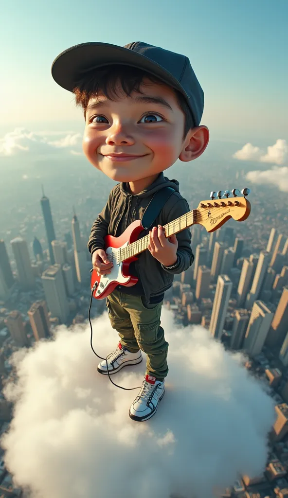 4D caricature with a large head of a young man wearing a jacket, cargo pants, sports shoes and a baseball cap. Standing on a cloud while playing an electric guitar, with a high-altitude cityscape in the background. Shot from above, high angle shot, fisheye...