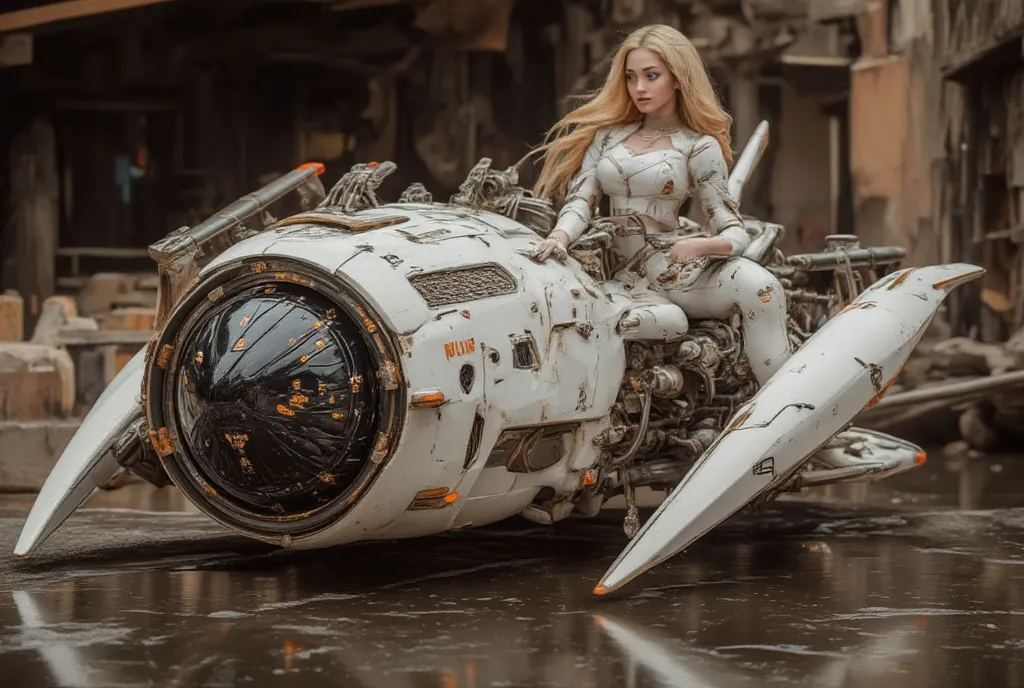 一人乗りの浮上式Speed Bikes、movie「Star Wars」Speed Bikes、woman pilots in assassin's plug suit、Ancient technology 、Exposed fine machinery、made by hand by skilled craftsmen、Stamped metal plate、decorated with intricate patterns by metalsmiths、Metallic Reflection、very ...