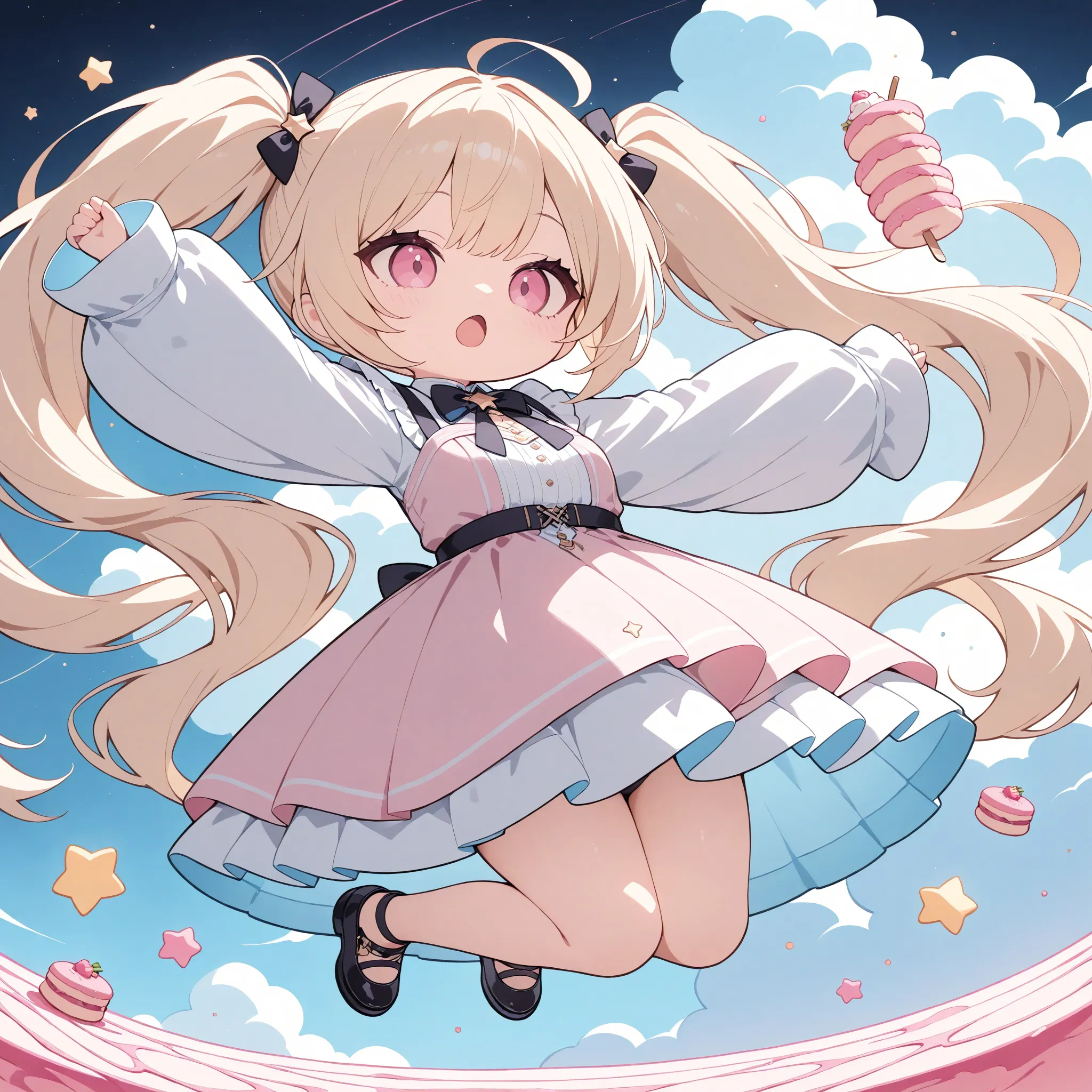  chibi, 1 girl, Alone, Multicolor background,
Food, Foodie, jumping, pink Foodie, null, long hair,
Outdoors, twin tails, cloudy null,  very long sleeve, open your mouth, star \(null\), cloud, blond hair, masterpiece, best quality, high score,  Great Score,...