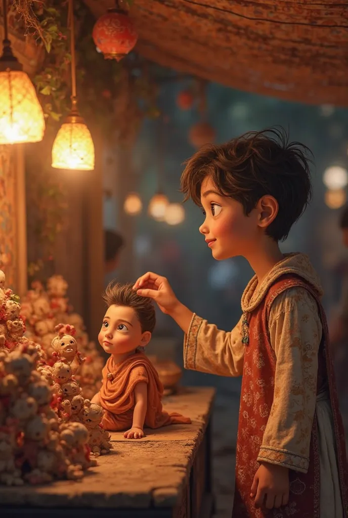 Princess Meghla, with a kind and graceful smile, approaches the poor boy’s stall. She reaches out to pick up a beautifully crafted clay doll, admiring its details. The boy looks up in surprise as the warm light of lanterns casts a golden glow on them."