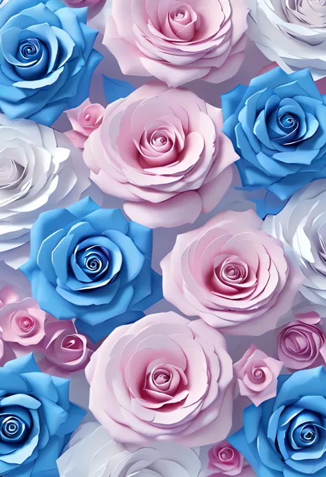 Many Blue Pink Roses made of paper on a white background, in the style of pink and azure, daz3d, bold color combinations, white and blue, commission for, luxurious wall hangings, uhd image, 3d, 32k uhd --ar 9:16 --v 5.1 Correctly inscript name of Dzien Dob...