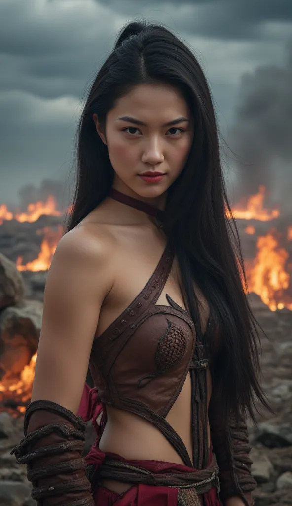 A stunning, sexy, and fierce South Korean woman warrior in ultra-realistic 4K detail. She wears a bold, revealing battle outfit that blends elements of traditional Korean armor with a modern, seductive twist—form-fitting, intricately designed, and accentua...