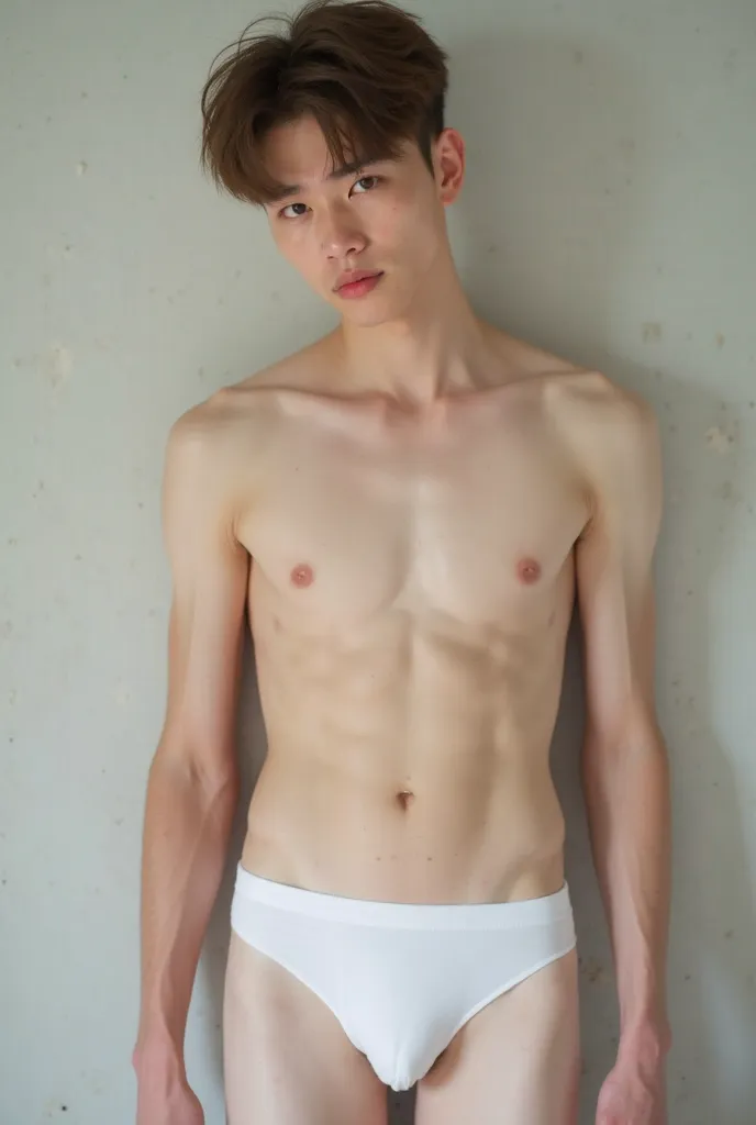 A 19-year-old Korean man, soft, pale white skin with pink undertones, albino, blushing, tender features,  pink lips, brown hair,  very thin, Shirtless, with an expression of tiredness, with a tight white boxer shorts, and a bit of sweat, full body foot ski...