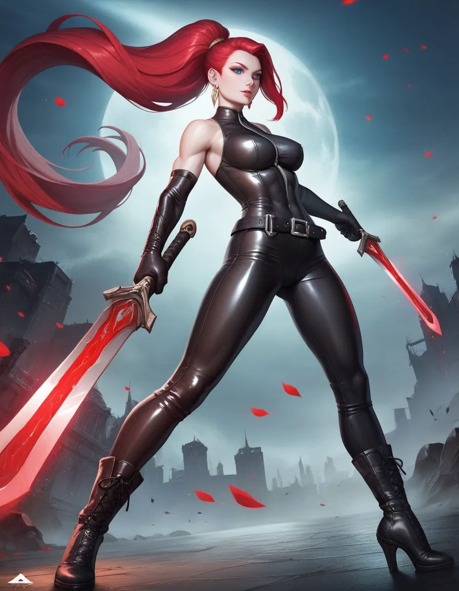 female black sleeveless latex bodysuit, black belt, black long tight pants, black high heel boots, racerback, bare shoulders, long elbow gloves, black gloves, toned arms, beautiful faces, red ponytail with showing forehead, long ponytail, earrings, soft sm...