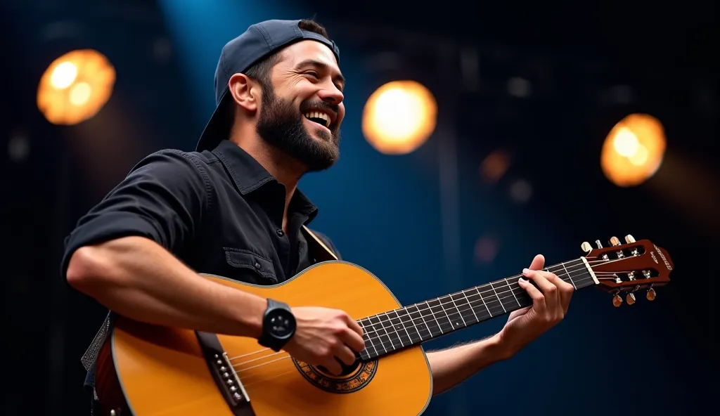 A bearded male musician is passionately playing an acoustic guitar on stage. He is wearing a black button-up shirt with rolled-up sleeves, a dark wristwatch, and a backward navy blue baseball cap. His facial expression is joyful, with a broad smile and eye...