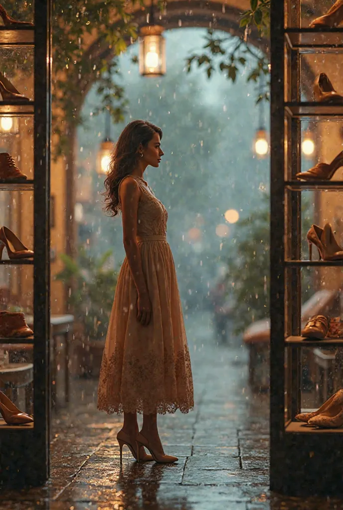 Create a picture of a woman in a dress on a rainy dress on the shoes section buying shoes