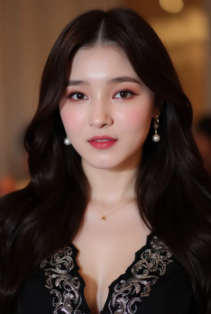 A portrait of a young woman with long, wavy dark brown hair, wearing an elegant black and silver embroidered outfit with intricate beaded details. She has a soft, glowing complexion with subtle makeup, including pink blush, glossy lips, and well-defined ey...