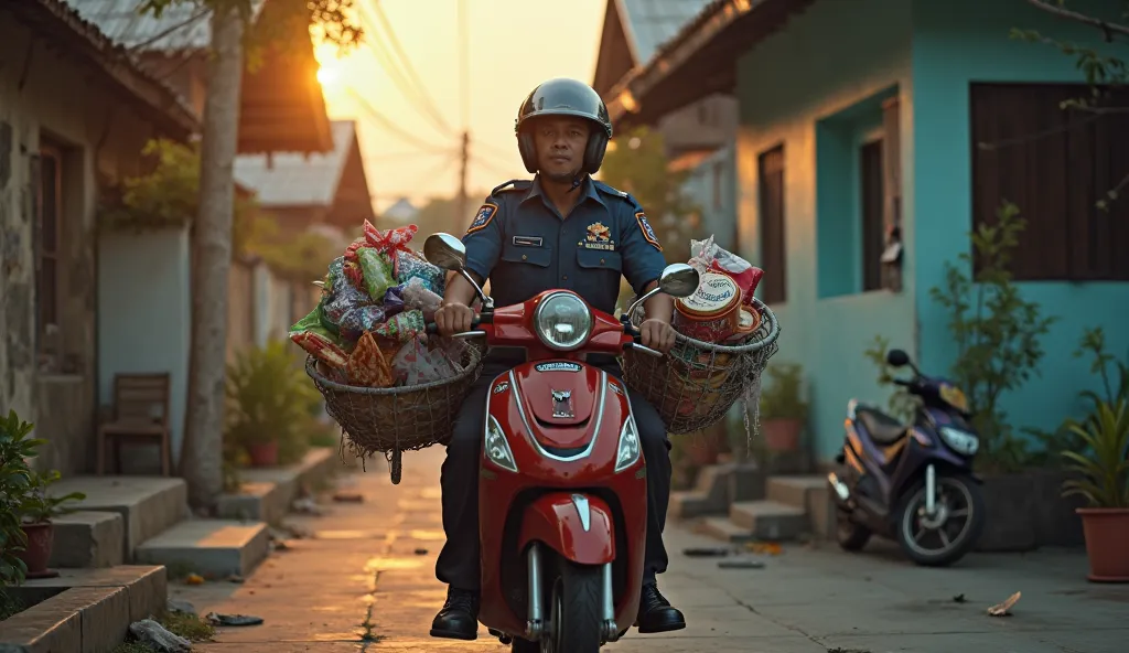 Indonesian police wearing helmets with lambretta
Out of the house at dawn carrying many food wrappers in his lambretta