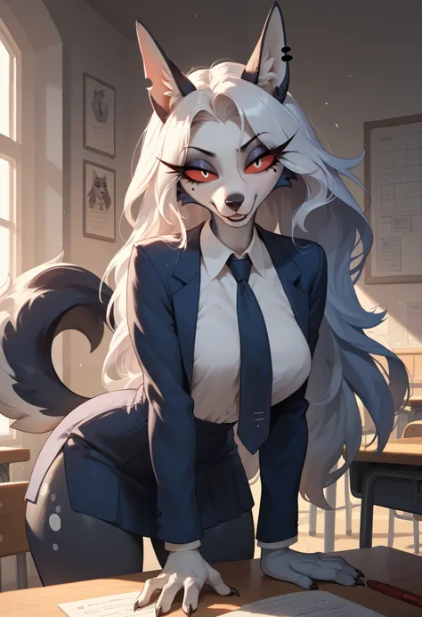 Schoolyard , Luna from Helluva Boss, beautiful hair, white hair, Anthropomorphic furry helldog, looks at the viewer ,standing, doggystyle, tie,
