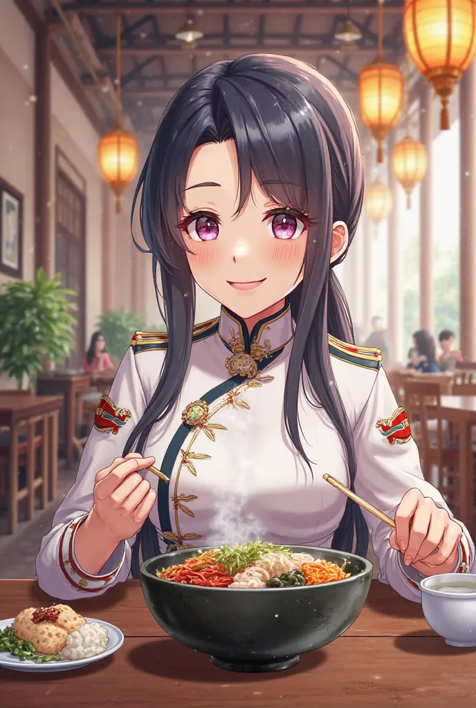 Perseus from Azur Lane, eating Bibimbap in a Korean restaurant, happy expression, detailed illustration, Azur Lane official art style