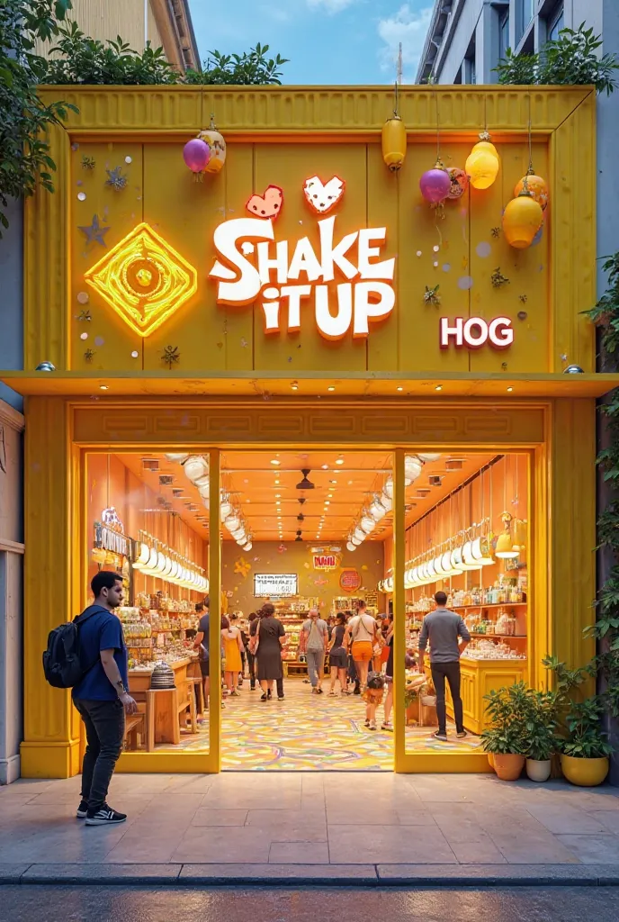 "Shake It Up" shop, infront of the shop point of view, yellow theme and modernize 