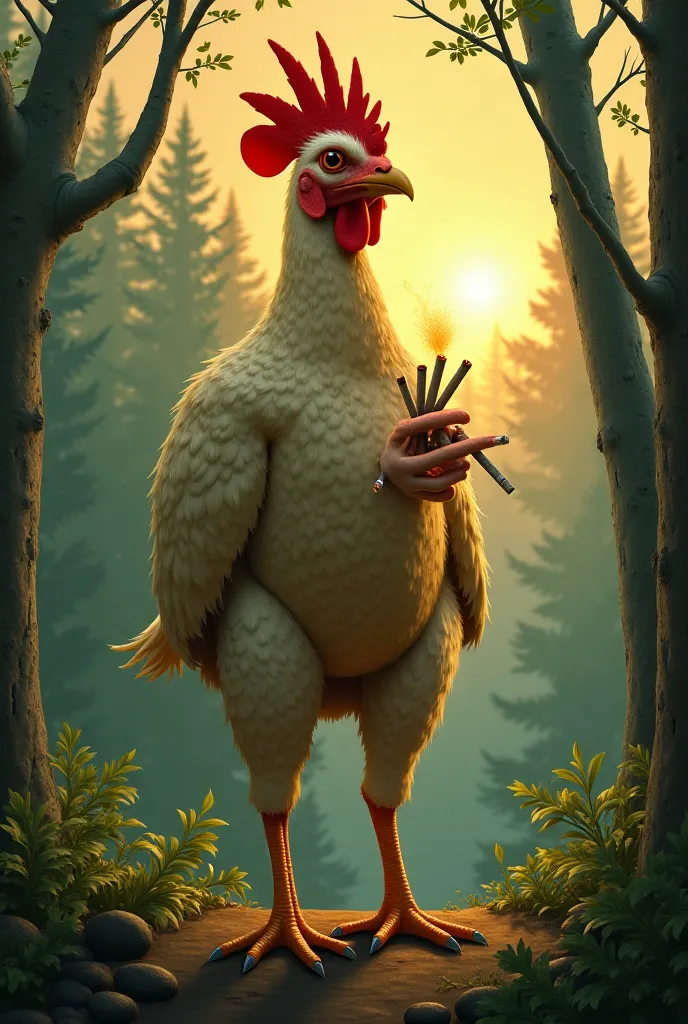 I man with chicken legs and foot and cigarettes in his hand in the forest evening 