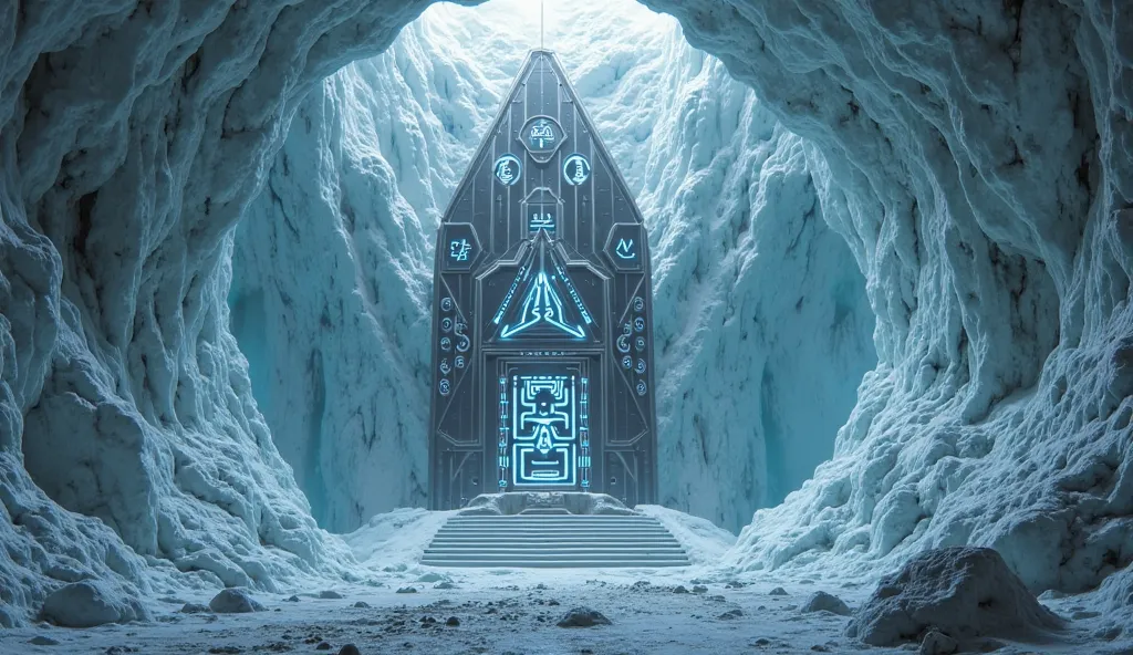 An Underground Structure Discovered Beneath the Glacier – A futuristic metallic structure buried under thick ice, its glowing runes and sleek design hinting at an ancient civilization.
