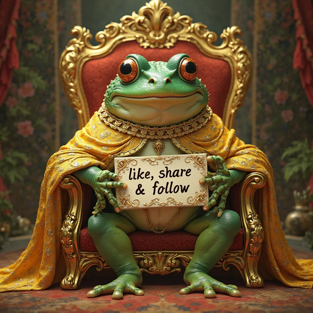 A King Frog, wearing golden king dress, sitting on a Golden King Chair, holding a signs saying "LIKE, SHARE & FOLLOW ,realistic high Quality sharpe Images 