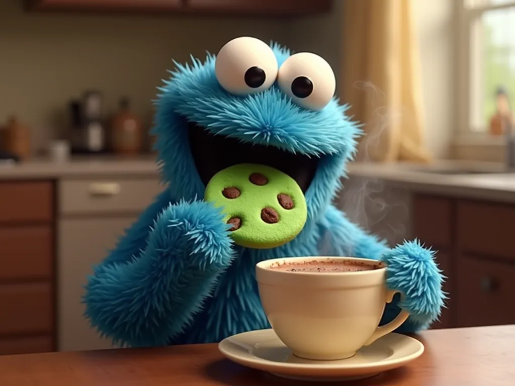 cookiemonster in blue . eating a green cookie diping in hotchololate