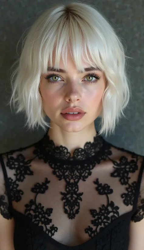 top view. a portrait of a woman full body, black sexy transparent lace dress, with a very short blond hair, big green eyes, The eyes are lined with black, beautiful make-up, girl with short white hair, white bangs, white short hair, short white hair, white...