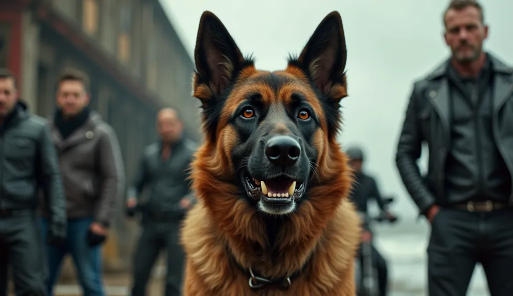 A cinematic 16K close-up of Rex, the German Shepherd, is in the foreground, his stance tense, fangs slightly bared, eyes locked onto Calloway. Logan’s hand rests protectively on Olivia’s shoulder. The background shows the other bikers revving their engines...