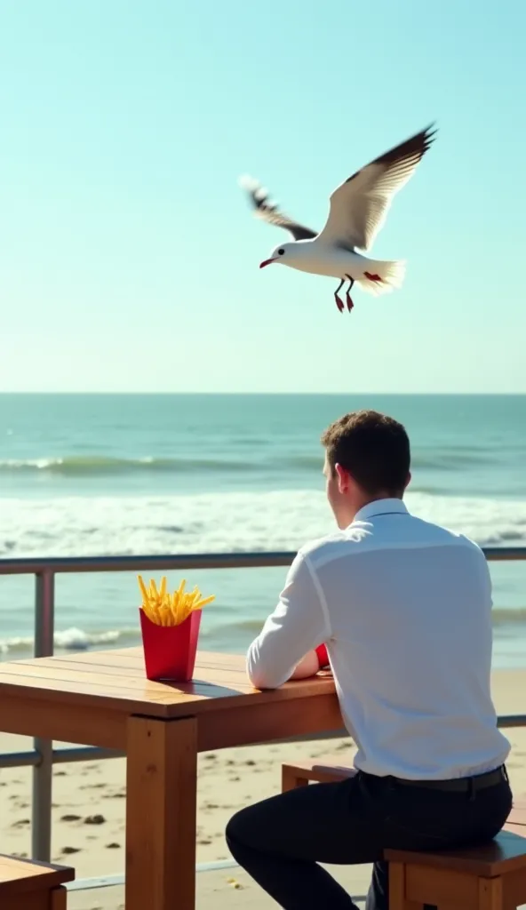 "A realistic and cinematic scene of a  wearing white shirt and black bottom sitting at a wooden table on a seaside boardwalk, with a bag of golden French fries. The  turns to look behind, reacting to a seagull flying away after snatching a fry. The ocean s...