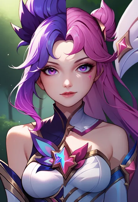 AkaliSGXL, purple eyes, purple hair, multicolored hair, parted bangs, star hair ornament, medium breasts, star guardian (league of legends), white dress, detached sleeves, black elbow gloves, solo, front view, (portrait, upper body), solo focus, looking at...