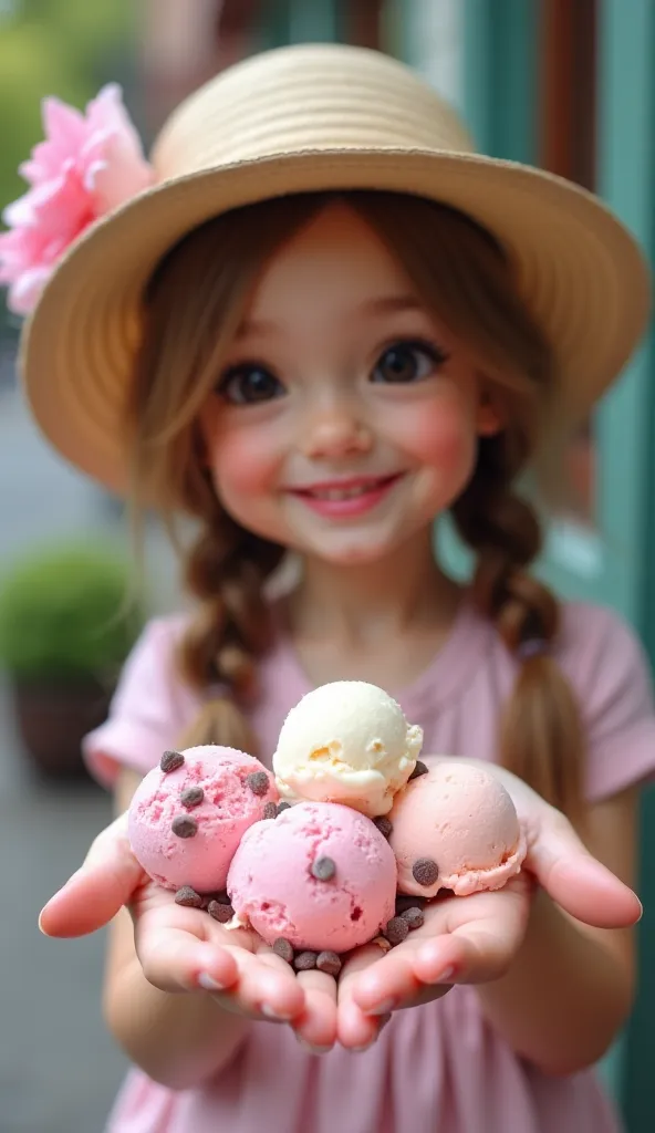 A small smiling woman wearing a light pink dress straight hair two braids wearing a floral hat while exposing several scoops of ice cream cookies in pink and cream with a sprinkling of color choco chips on her open palm. Ice cream begins to melt in her ope...