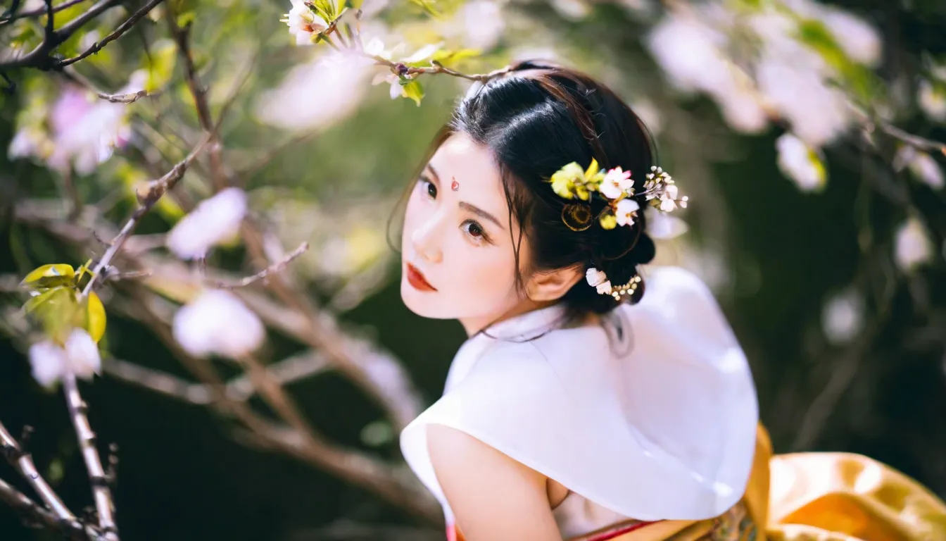 Miss, blurred background, nature, Flowers, Hold object,  Traditional Costumes , Dark Hair,  Updo hairstyle  , Retro style, 户外环境, calico, earth color,  sunshine, soft lighting, Branches, Trees,  peaceful atmosphere , from above, spring, high resolution,