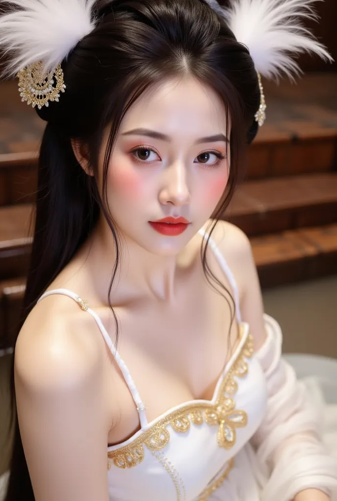 A young woman with elegant and traditional styling. She has long, dark hair adorned with intricate accessories featuring white feathers and golden embellishments. Her makeup is soft, with a rosy blush and red lips that complement her graceful appearance. S...