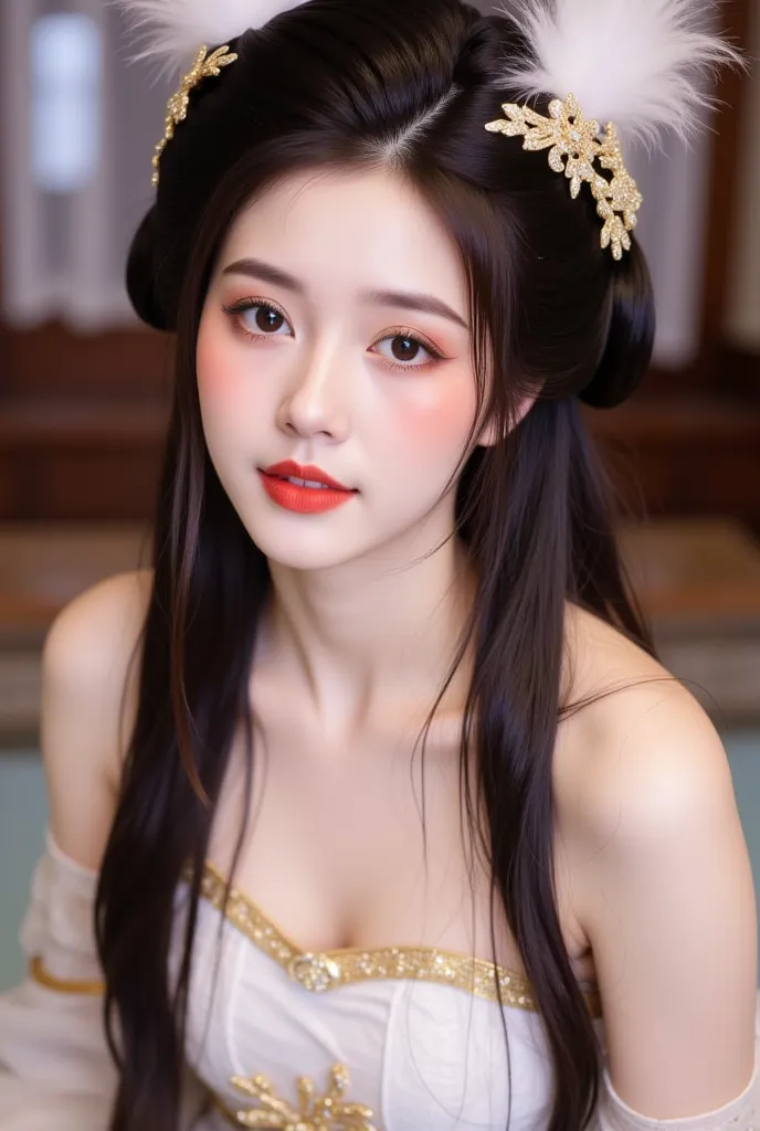 A young woman with elegant and traditional styling. She has long, dark hair adorned with intricate accessories featuring white feathers and golden embellishments. Her makeup is soft, with a rosy blush and red lips that complement her graceful appearance. S...